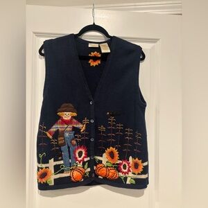 Navy Blue Vest with Scarecrow and Sunflower Design